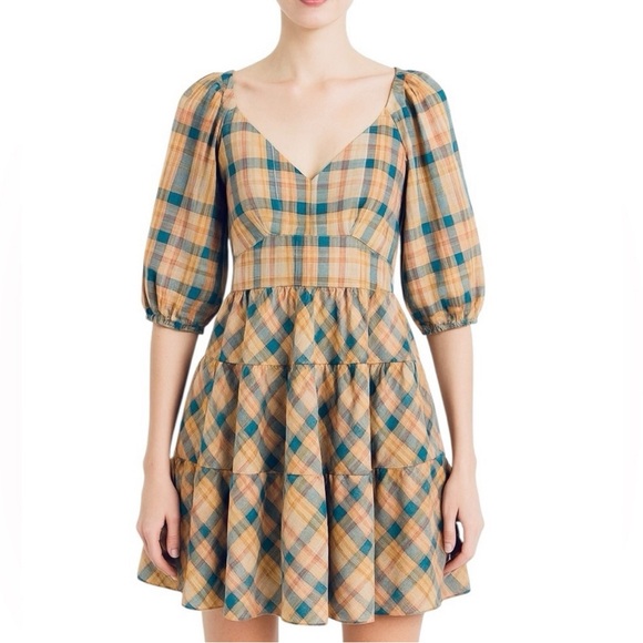 Drew by Anthropologie Plaid Ruffle Cottagecore Mini Dress with V-neckline Size S - Picture 10 of 10